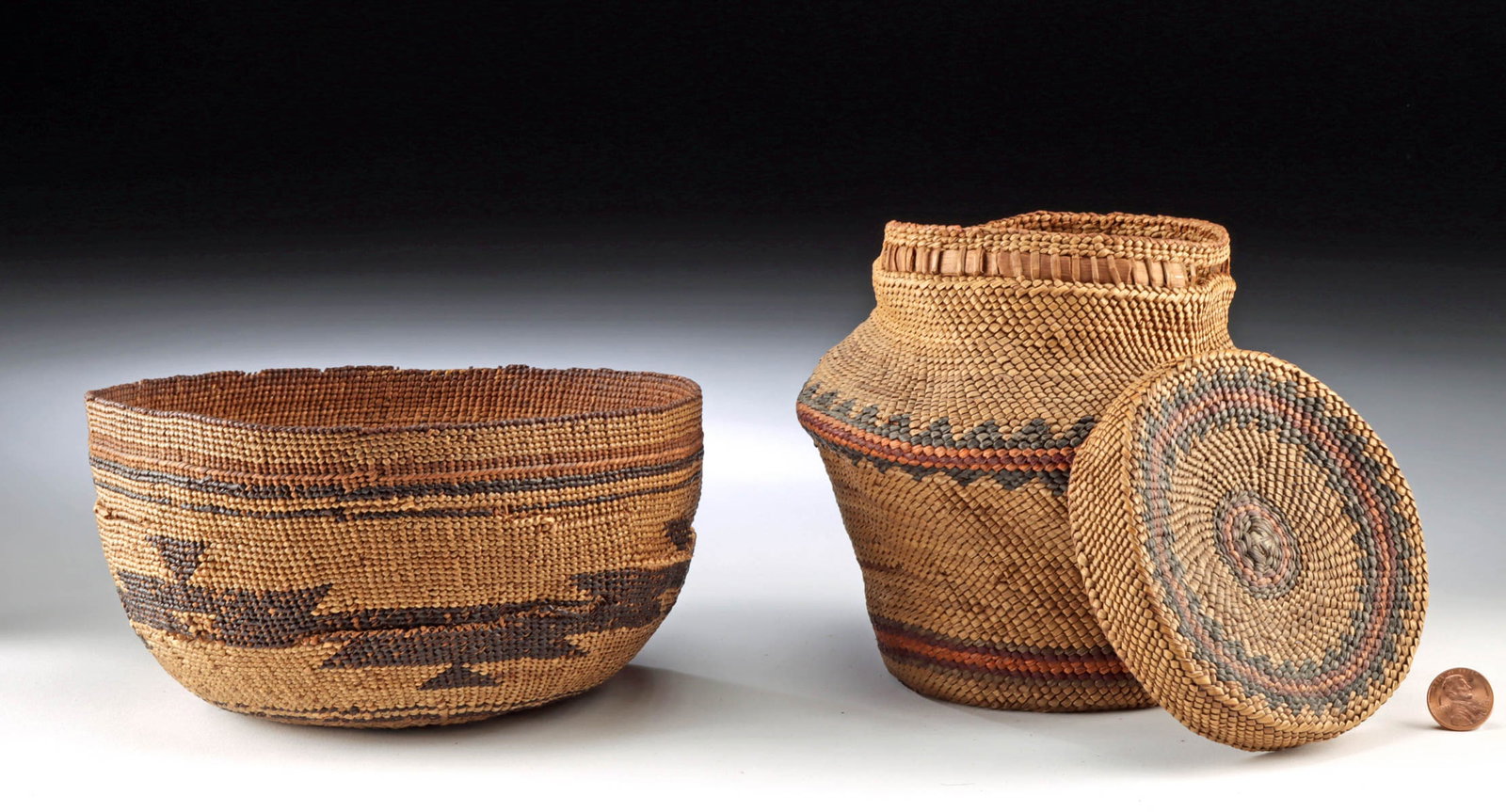 Native American Twined Yoruk Cap & Nootka Lidded Basket (1 of 2)