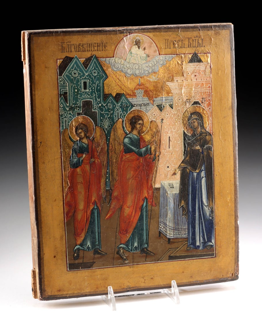 19th C. Russian Gilt Wood Icon Annunciation 2 Gabriels (1 of 3)