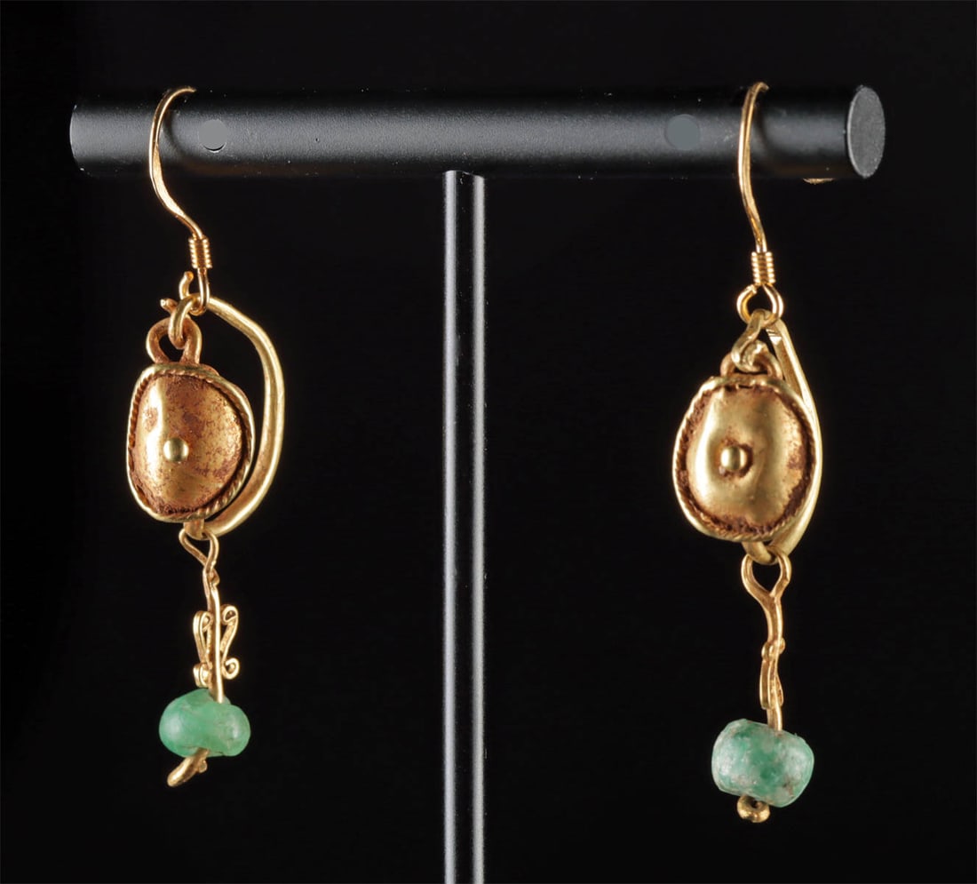 Ancient Roman Gold Earrings w/ Emeralds, Wearable! (1 of 3)