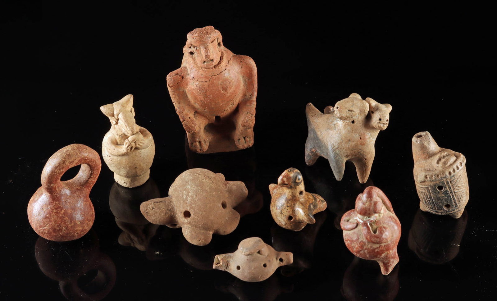 9 Pre-Columbian Pottery Ocarinas & Rattles (1 of 2)