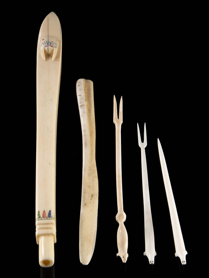 Five Inuit & Northern Plains Ivory & Bone Tools: **Originally Listed At $450** Native American, Northern Plains, ca. late 19th century CE; Northwest coast, Alaska / Canada, Inuit, ca. early to mid-20th century CE. A wonderful ensemble of Native Amer