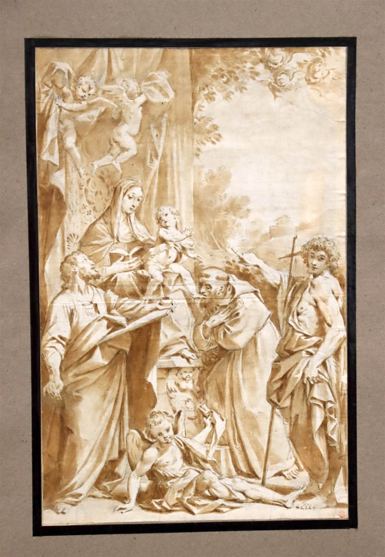 17th C. Drawing by Follower of Annibale Carracci: **Originally Listed At $800** Follower of Annibale Carracci (Bologna 1560-Rome 1609)."The Madonna of Saint Matthew" black chalk and brown wash on paper, 1588 or earlier. An impressive drawing from the