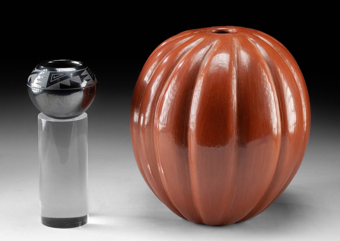 2 Pueblo Pottery Vessels by Madeline Tafoya & Tsee Pin: **Originally Listed At $450** Madeline Tafoya (Native American, Santa Clara Pueblo, 1913-2002); Elvis Torres "Tsee Pin" (Native American, San Ildefonso Pueblo, b. 1960) A carved redware pottery vase i
