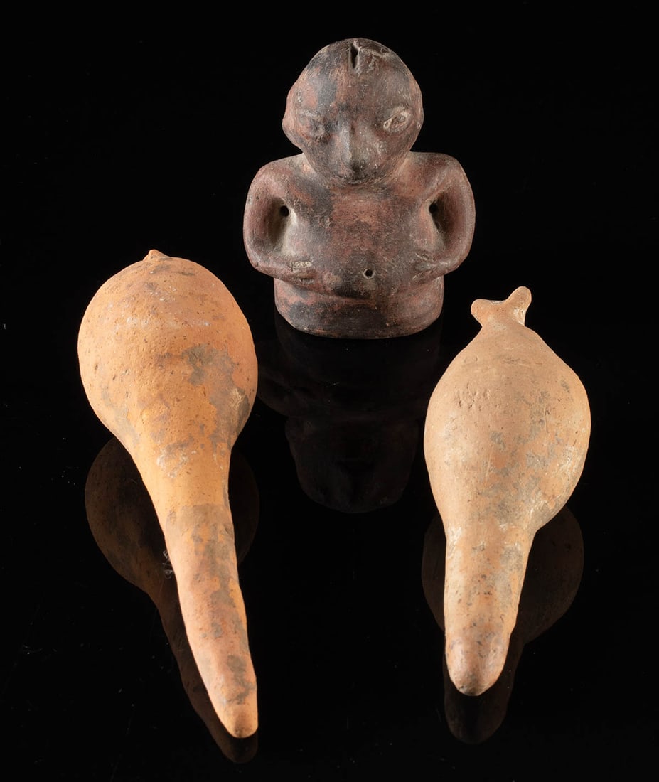 Three Pre-Columbian Pottery Gourd & Figural Rattles (1 of 1)