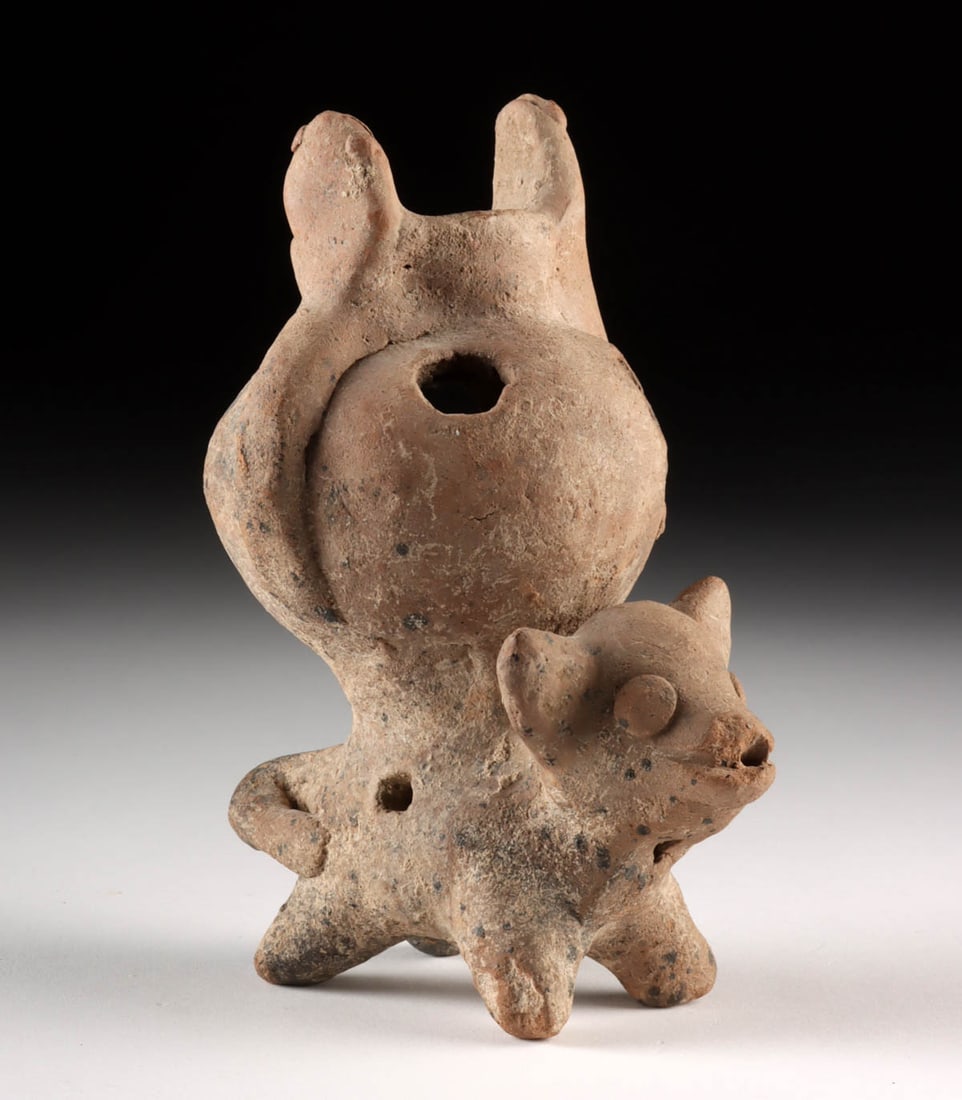 Colima Whistling Incensario Dog Form w/ Snakes: **Originally Listed At $400** Pre-Columbian, West Mexico, Colima or Nayarit, ca. 300 BCE to 300 CE. A fascinating effigy vessel of a dog supporting a hollow globular bowl with holes for use as an ince