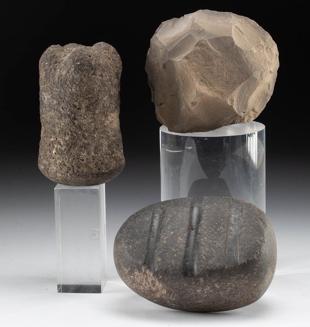 Three Casas Grandes Stone Tools: **Originally Listed At $300** Pre-Columbian, Northern Mexico, Chihuahua region, Casas Grandes culture, ca. 1100 to 1450 CE. A set of 3 hand-shaped stone tools from ancient Mexico. First is a knapped s