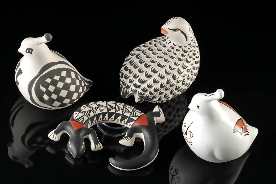 4 Acoma Pueblo Pottery - Quails & Lizard: **Originally Listed At $400** Native American, New Mexico, Acoma, ca. mid to late 20th century CE. A charming collection of 3 pottery quails and a lizard by various Acoma artists. The quail looking ov