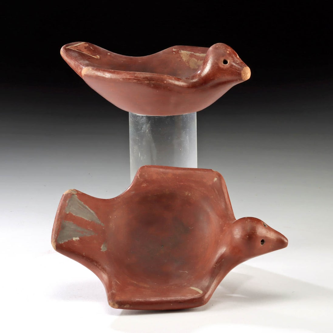 Native American Isleta Pueblo Redware Bird Vessels: **Originally Listed At $150** Native American, Southwestern United States, Isleta Pueblo, ca. mid to late 20th century CE. A set of 2 hand-built pottery avian vessels, each with russet-hued surfaces a