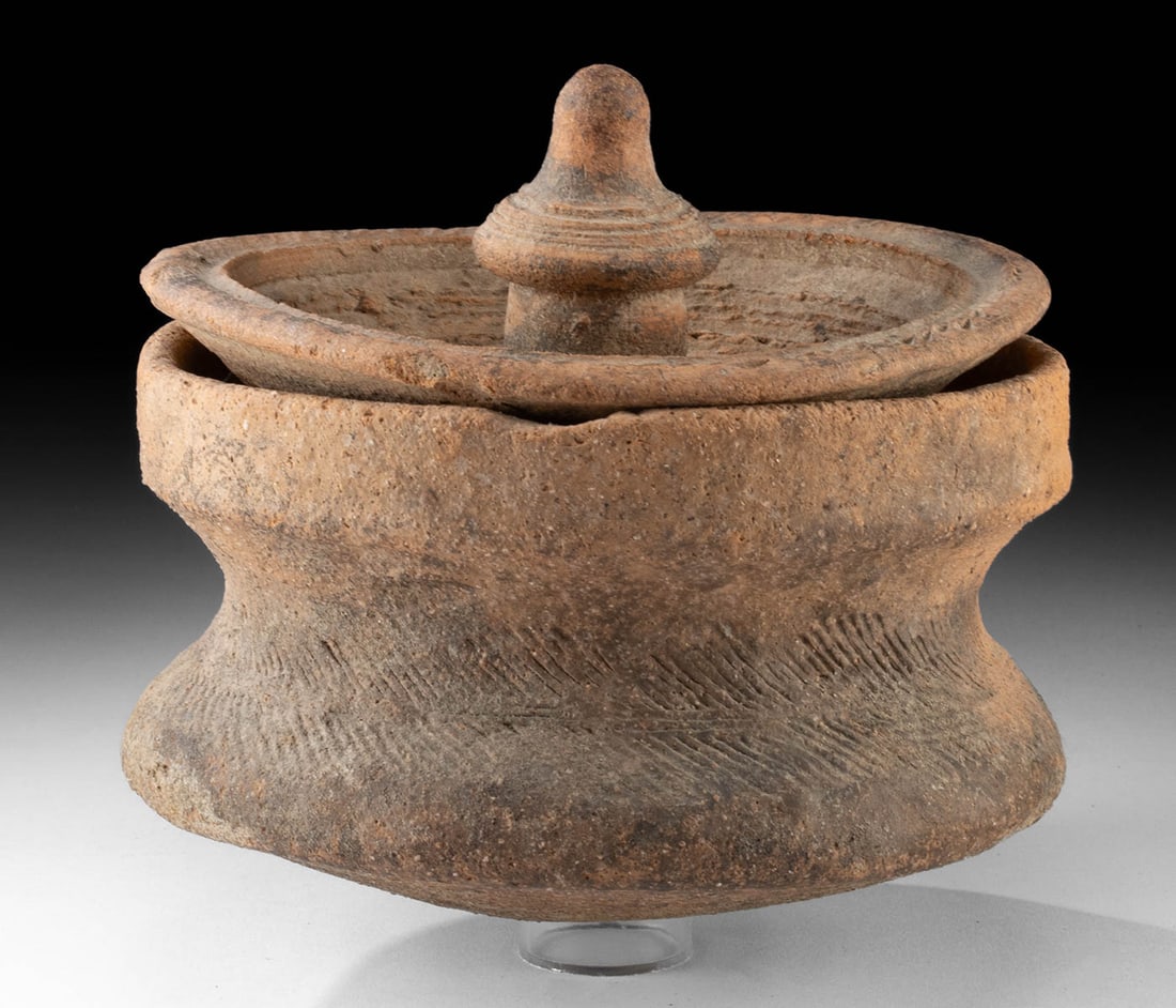 15th C. Thai Ayutthaya Redware Lidded Jar: **Originally Listed At $350** Southeast Asia, Thailand, Ayutthaya period, ca. 15th to 16th century CE. A wonderful redware jar displaying a carinated body, a rounded base, a raised rim, and a concave