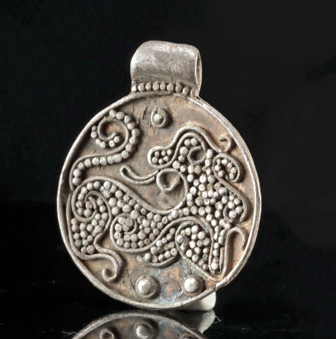 10th C. Viking Silver Medallion Pendant w/ Feline (1 of 2)