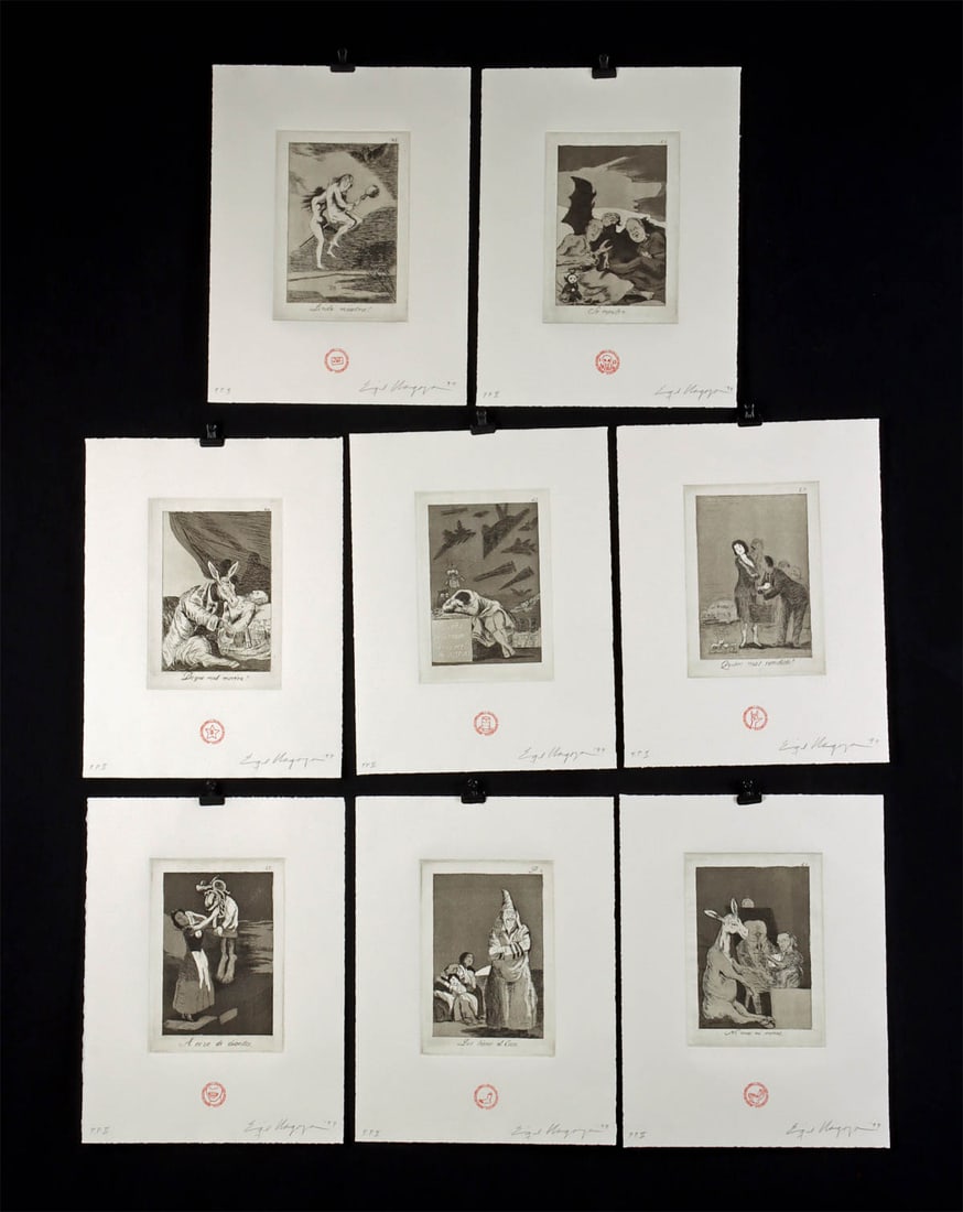 Enrique Chagoya "Return to Goya's Caprichos" Portfolio: Enrique Chagoya (American, b. Mexico 1953). "Return to Goya's Caprichos" etchings on paper, 1999. Publisher's prints II. Each hand-signed at lower right beneath image with date. "P.P.II" inscribed at