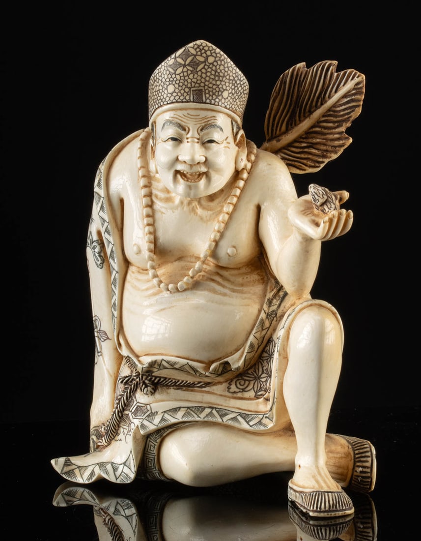 Japanese Mammoth Ivory Okimono Sennin Holding Bird (1 of 4)