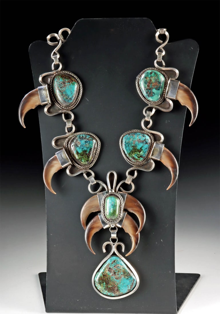 Superb Navajo Silver & Turquoise Necklace w/ Bear Claws (1 of 3)