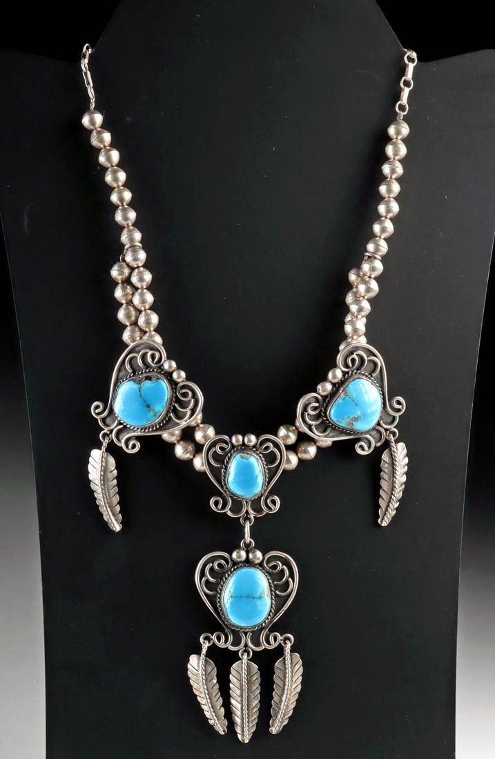 Navajo Silver & Turquoise Necklace w/ Feather Charms (1 of 2)