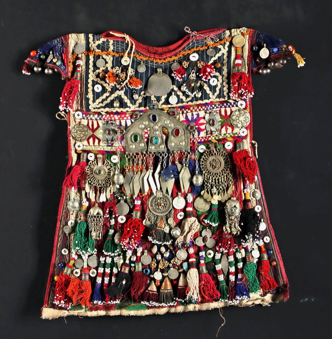 Turkmen Child's Tunic w/ Brass & Beaded Adornments: **Originally Listed At $250** Central Asia, Turkmenistan / Afghanistan, Turkmen (Turkoman) culture, ca. late 20th century CE. A child's tunic made from cotton panels patched together with extensive br