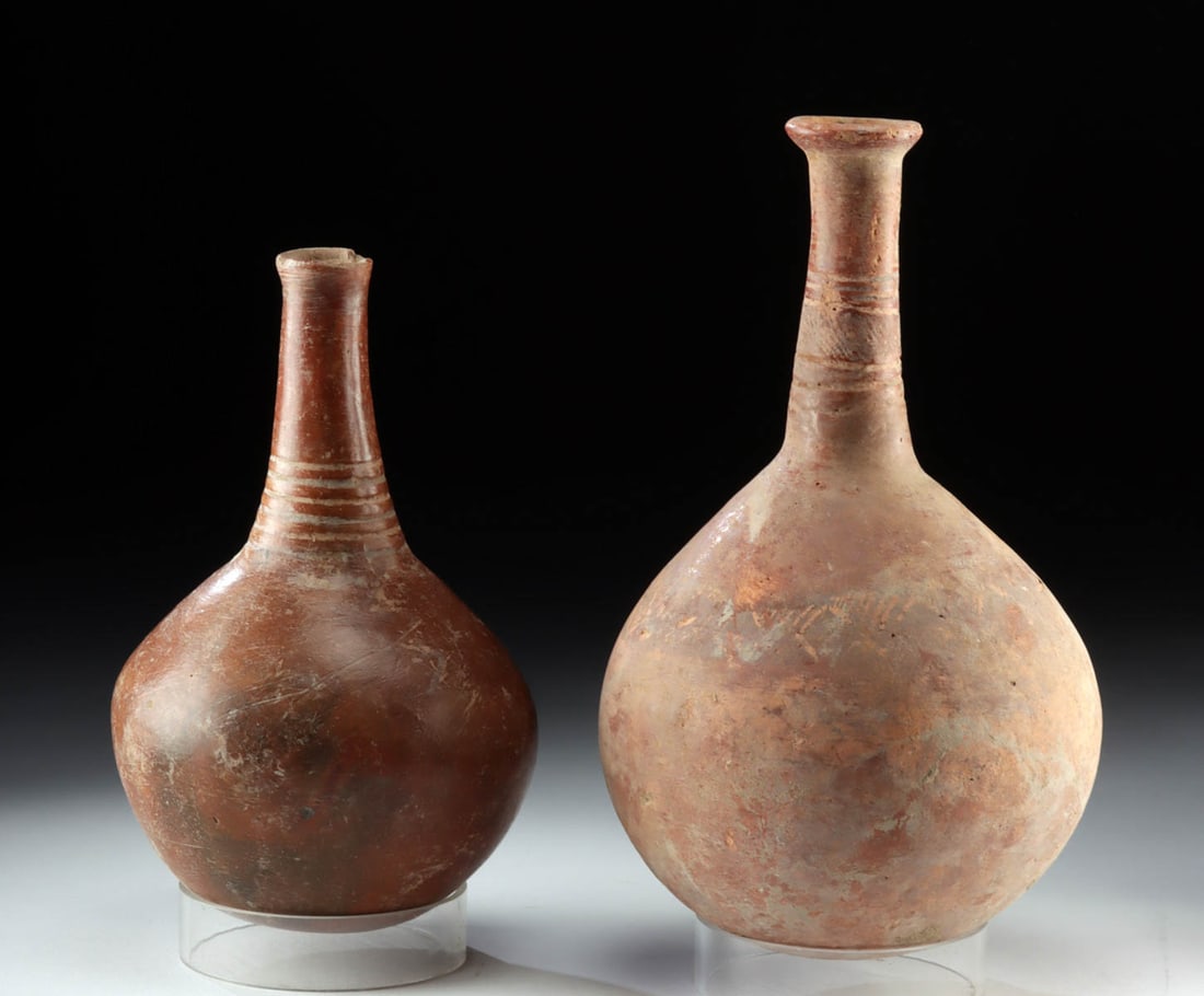 19th C. African Djenne Redware Pottery Jars: **Originally Listed At $300** Western Africa, Mali, Middle Niger Civilization / Djenne, ca. 19th century CE or earlier. A pair of vessels with bulbous, round-bottomed bodies and long necks adorned wit