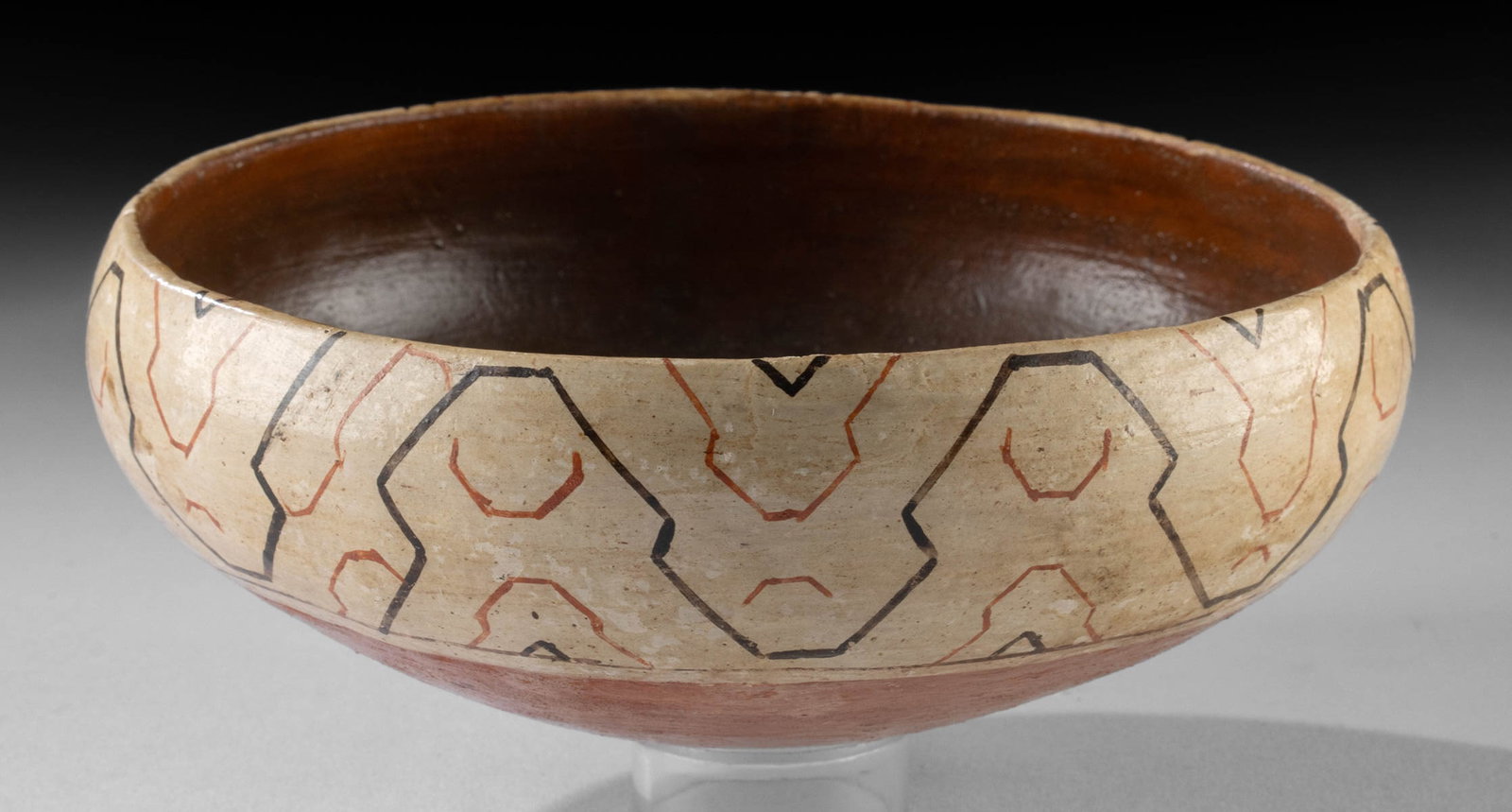1920s Amazonian Shipibo Polychrome Kene Bowl: **Originally Listed At $250** South American, Upper / Western Amazon Basin, Ucayali River, Peru, Shipibo-Conibo people, ca. 1920s CE. A wonderful pottery bowl intricately painted with a thin linear pa