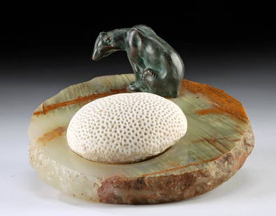 Frederick G. R. Roth Bronze Polar Bear & Coral on Stone: **Originally Listed At $300** Frederick George Richard Roth (American, 1872-1944). Bronze Bear with White Star Sea Coral Fossil on Onyx Base. Undated. A miniature bronze polar bear by American animal