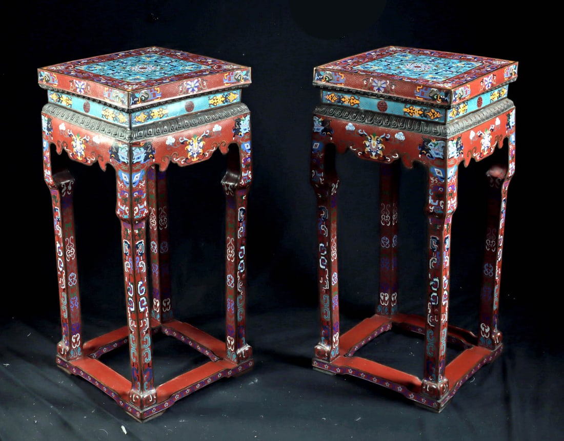 Chinese Qing Cloisonne / Enamel Copper Incense Stands (pr) (1 of 3)