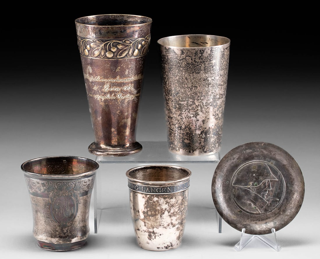1900s Swiss Silver Cups & 1939 WWII Medallion, 5 pcs (1 of 5)