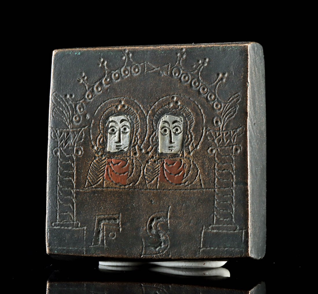 Byzantine Silver Inlaid Copper Weight, Mary & Christ (1 of 2)