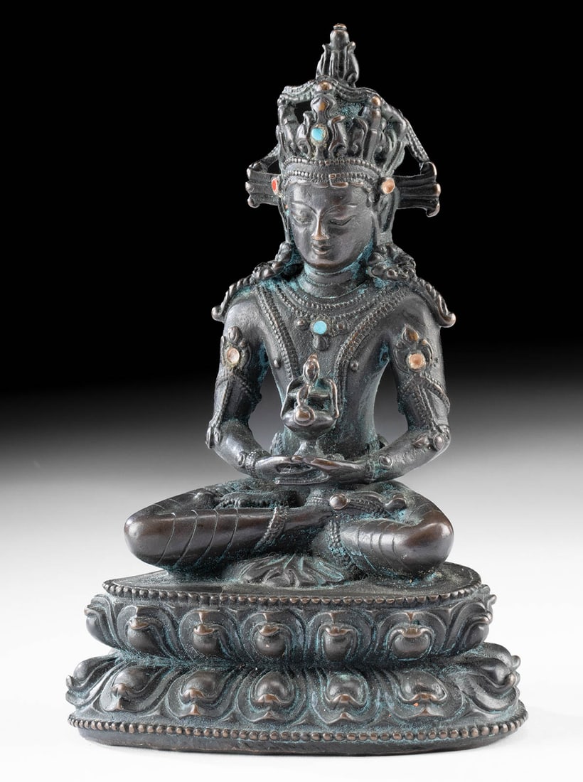 15th C. Tibetan Copper Amitayus Buddha (Full Lotus): Central Asia, Tibet, ca. 15th to 16th century CE. A marvelous copper figure of Amitabha (or Amitayus) Buddha - bodhisattva that reached supreme enlightenment through Buddhist teachings and became a Bu