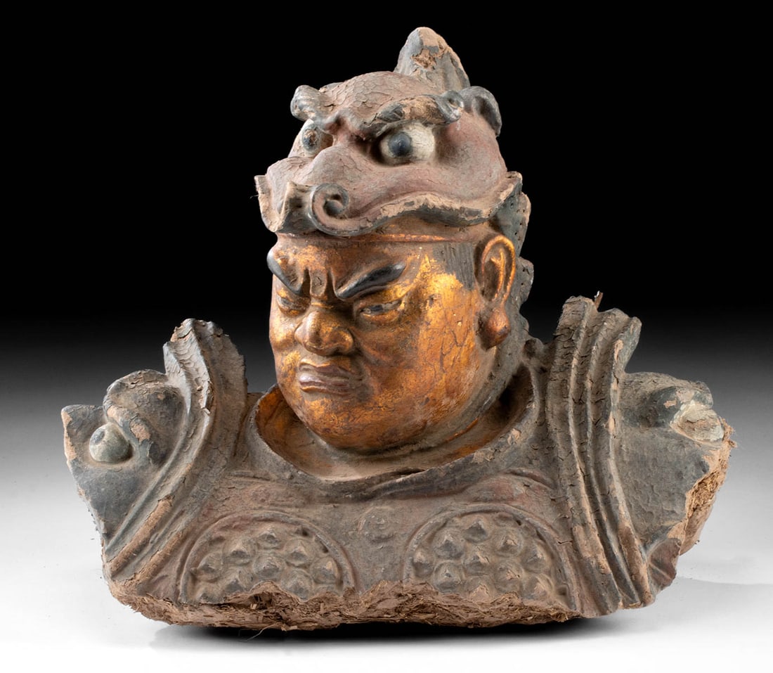 Chinese Ming Stucco Warrior Bust, Temple Guardian: East Asia, China, Ming Dynasty, ca. 1368 to 1644 CE. A large stucco bust fragment depicting a warrior or one of the 12 Heavenly Generals, protective figures entrusted with safeguarding sacred spaces a
