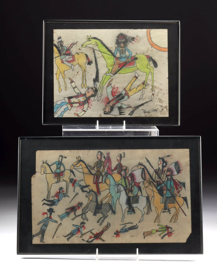 Two Sioux Ledger Drawings - Battle Theme (1919) (1 of 4)