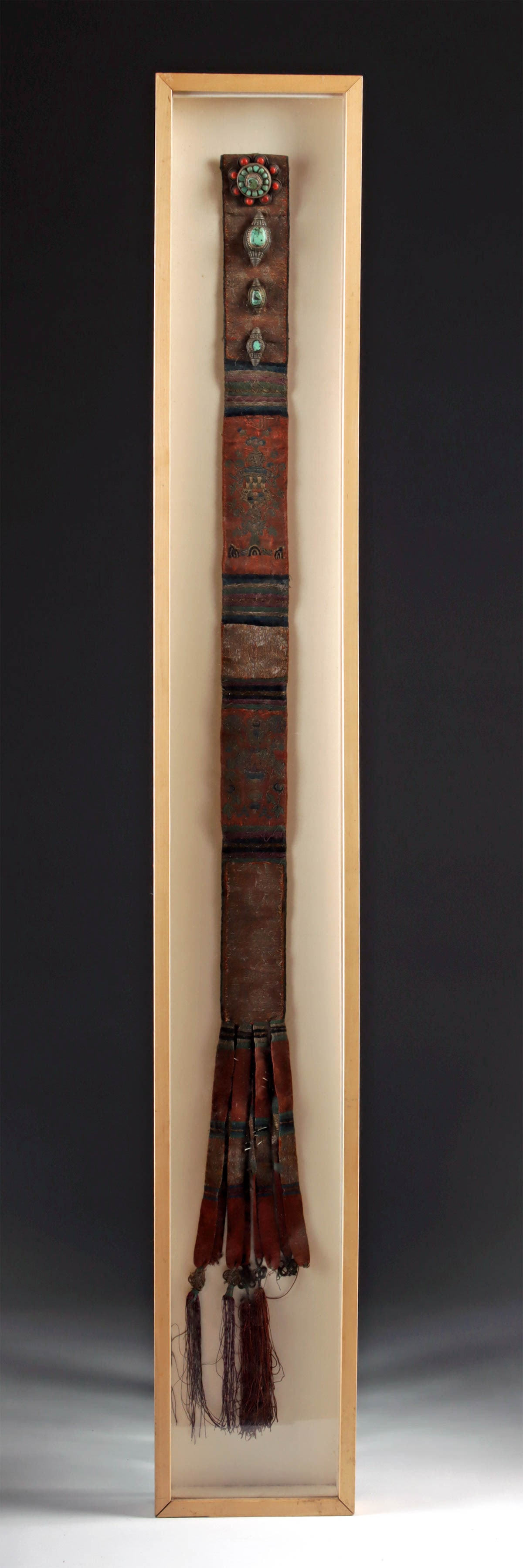 Early Tibetan Silk Textile Sash w/ Silver & Turquoise (framed) (1 of 5)