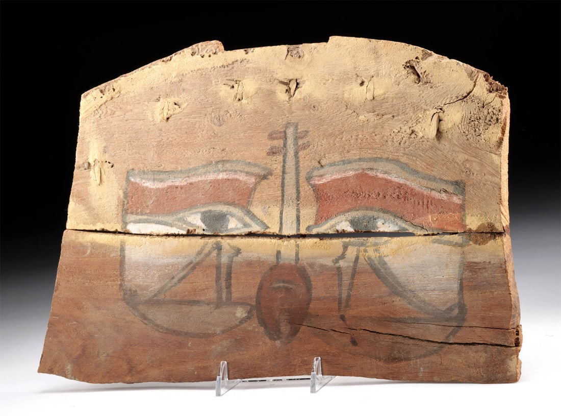 Egyptian Painted Wood Coffin Panel Eyes of Horus & Djed Pillar (1 of 3)