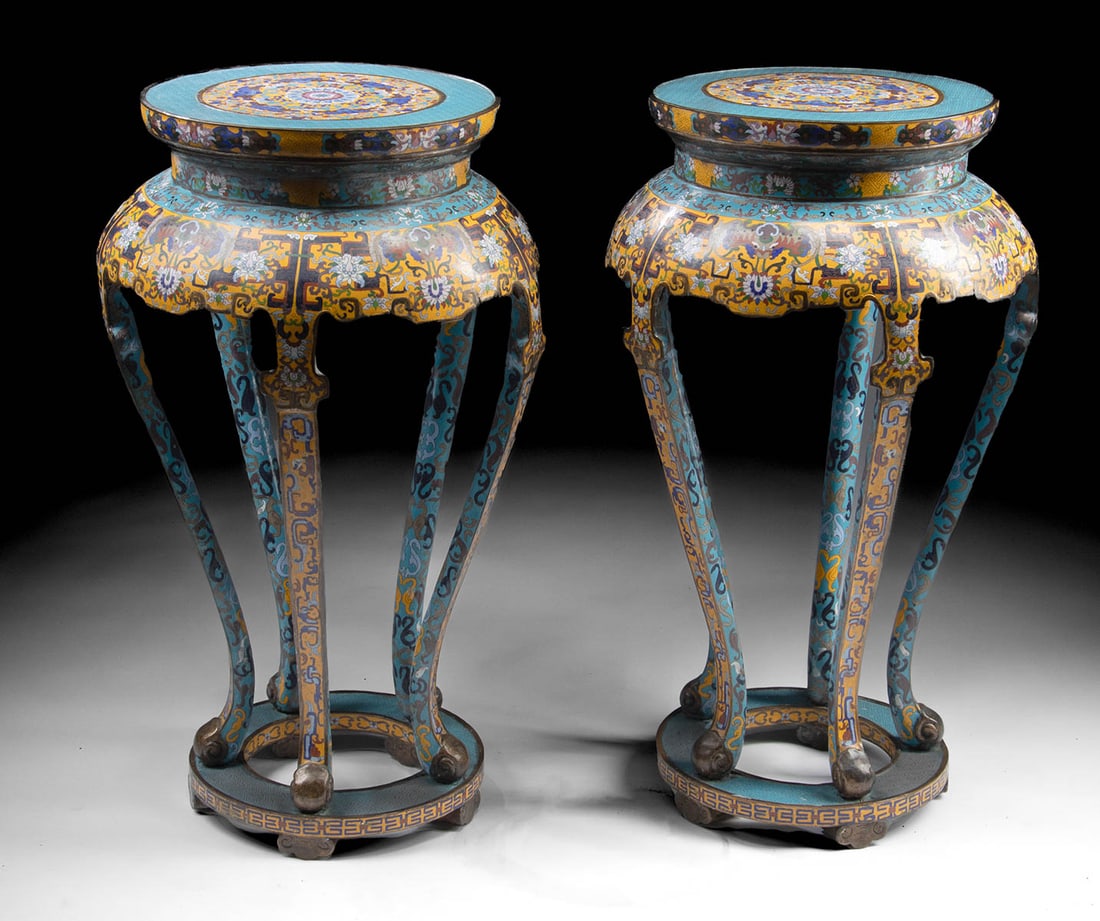 19th C. Chinese Qing Cloisonné Enamel & Copper Side Tables (pr) (1 of 4)
