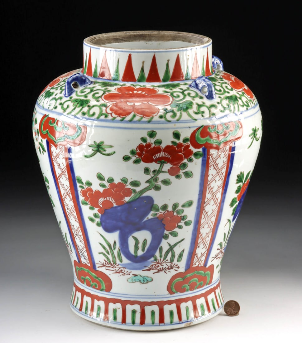 Chinese Ming / Qing Wucai Porcelain Urn Floral Motifs: East Asia, China, Ming to Qing Dynasty, ca. 17th to 19th century CE. A large wucai porcelain urn with a piriform body resting on a flat base, its walls swelling gently upward to a corseted neck, with 