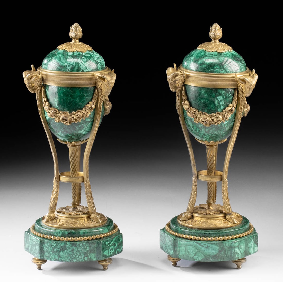 Two 19th C. French Gilt Brass & Malachite Cassolettes (1 of 4)