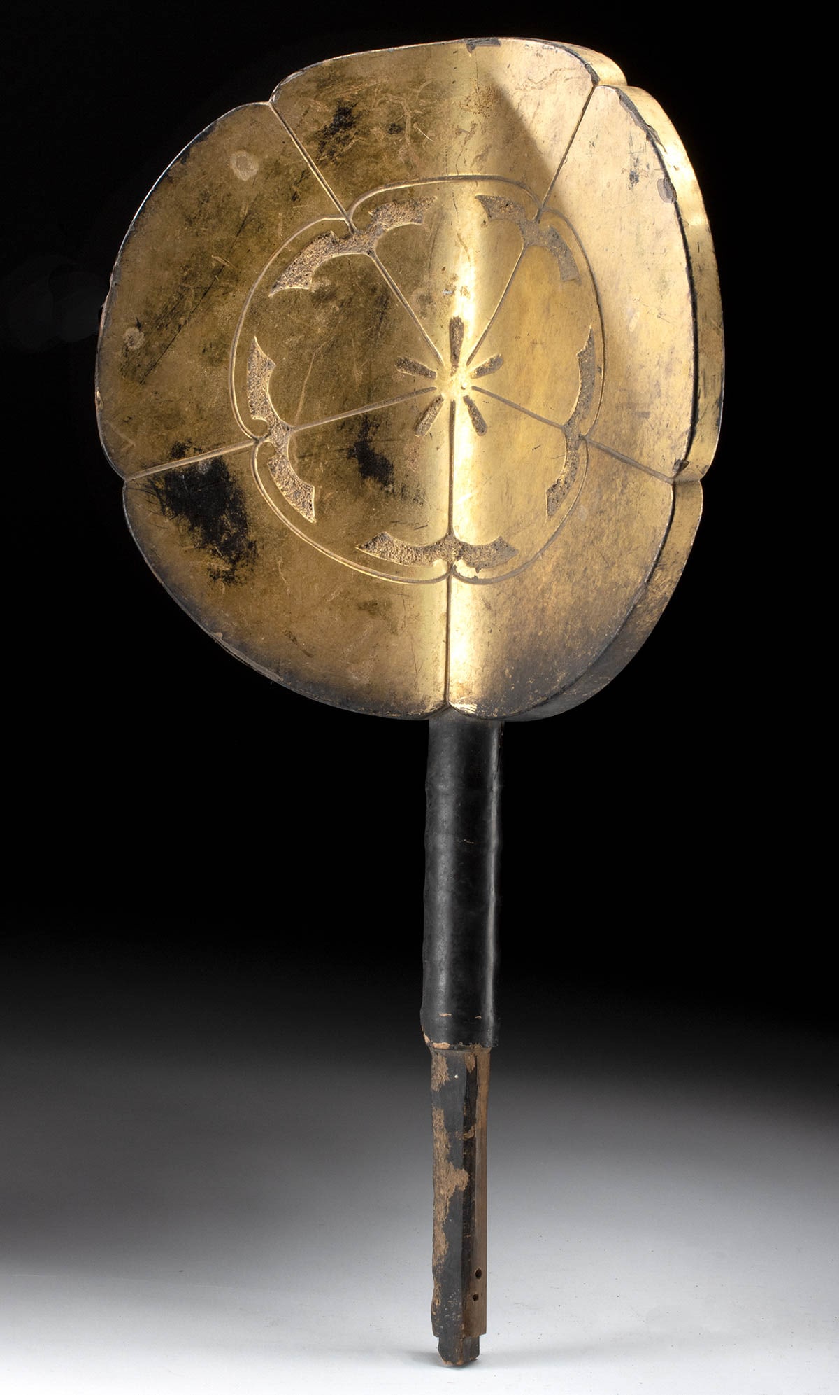 Japanese Edo Gilt Wood 3-Sided Battle Signal - Gunbai: **Originally Listed At $600** East Asia, Japan, late Edo Period, ca. early to mid-19th century CE. A wooden battle signal known as a gunbai with a convex triangular design that enabled it to be seen c