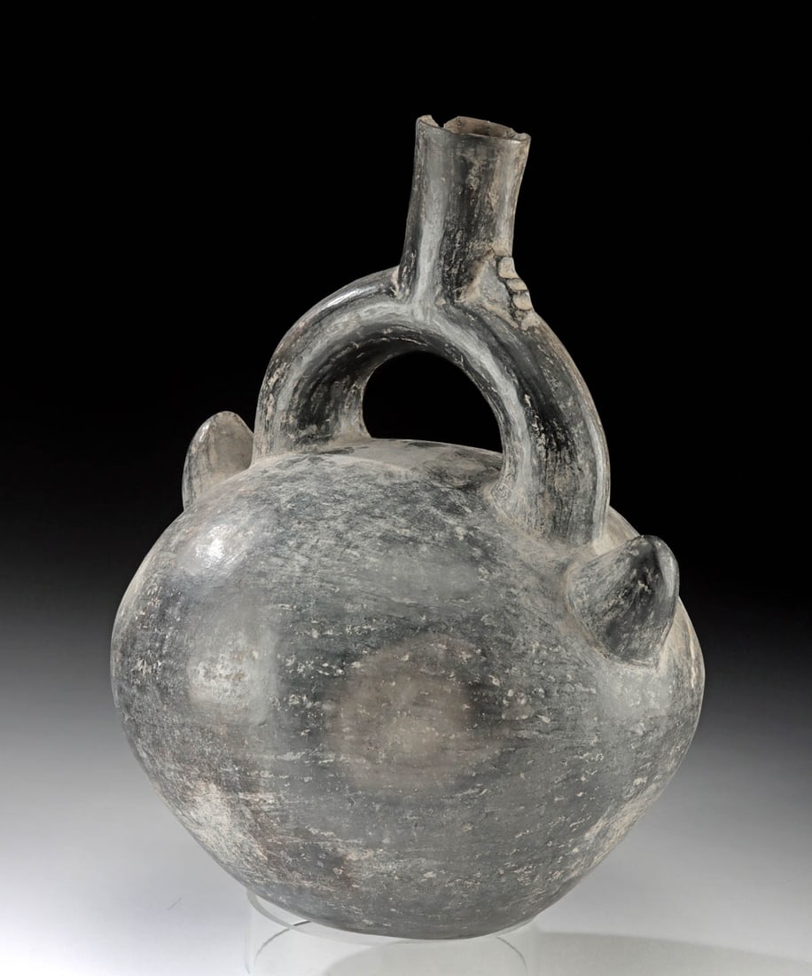 Chimu Blackware Stirrup Vessel with Horns (1 of 3)