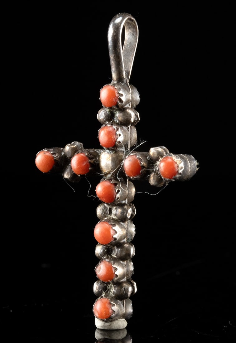 Navajo Double-Sided Silver Cross Pendant w/ Turquoise & Coral (1 of 3)