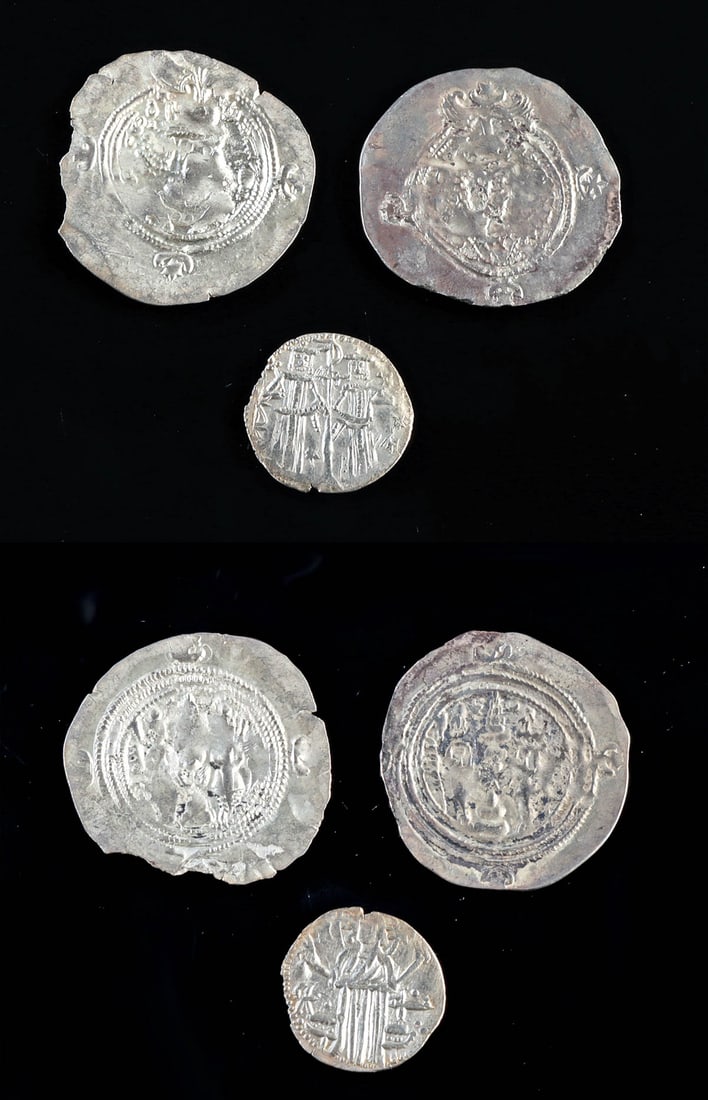 Sasanian Khusru II + 13th C. Bulgaria Silver Coins: **Originally Listed At $250** Near East, Persia, (Iran), Sasanian Empire, ca. 590 to 628 CE; Eastern Europe, Bulgaria, Second Bulgarian Empire, ca. 1331 to 1371 CE. A collection of 3 silver coins, one