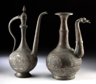 Two Elegant 19th C. Persian Bronze Swan-Neck Ewers