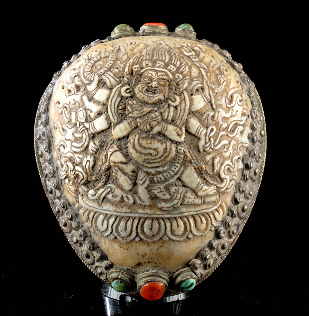 Miniature Tibetan Shell & Silver Kapala Ritual Vessel: **Originally Listed At $300** Central Asia, Tibet, ca. early to mid-20th century CE. A miniature Kapala, a ritual cup carved from shell, with its interior lined in silver and its rim adorned with beze