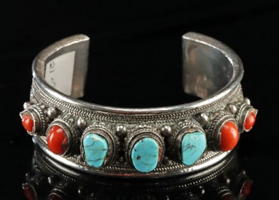 Tibetan Silver, Turquoise & Coral Cuff Bracelet