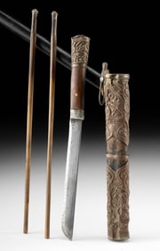 Chinese Wood & Brass Trousse Case w/ Chopsticks & Knife