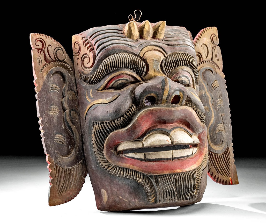 Indonesian Balinese Festival / Temple Mask: **Originally Listed At $300** Southwest Asia, Indonesia, Bali, ca. mid to late 20th century CE. A fantastical festival or temple mask in the form of a dramatic Barong spirit, with massive grinning tee