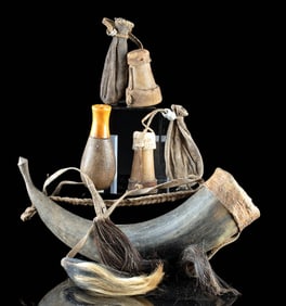African Horn Flask, Snuff Jars & Leather Pouches, 4 pcs