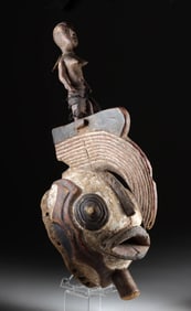 African Burkina Faso Wood Mask w/ Figure & Hornbill