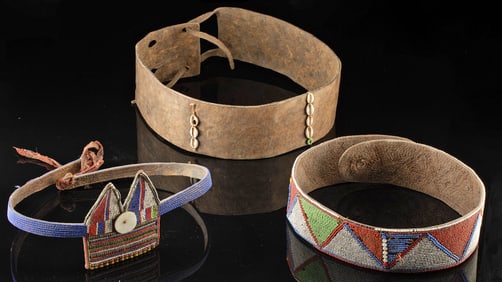 3 Early 20th C. African Maasai Beaded Leather Belts