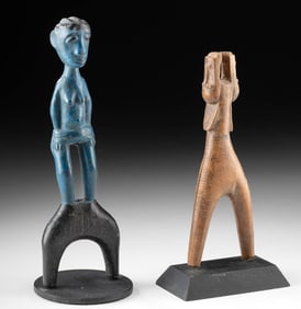 2 African Baule Wood Slingshot Handles, Figural & Masks
