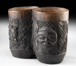 African Kuba Wood Palm Wine Cup, Conjoined Vessels
