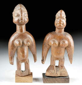 20th C. African Wood Nude Females Ewe, Mina