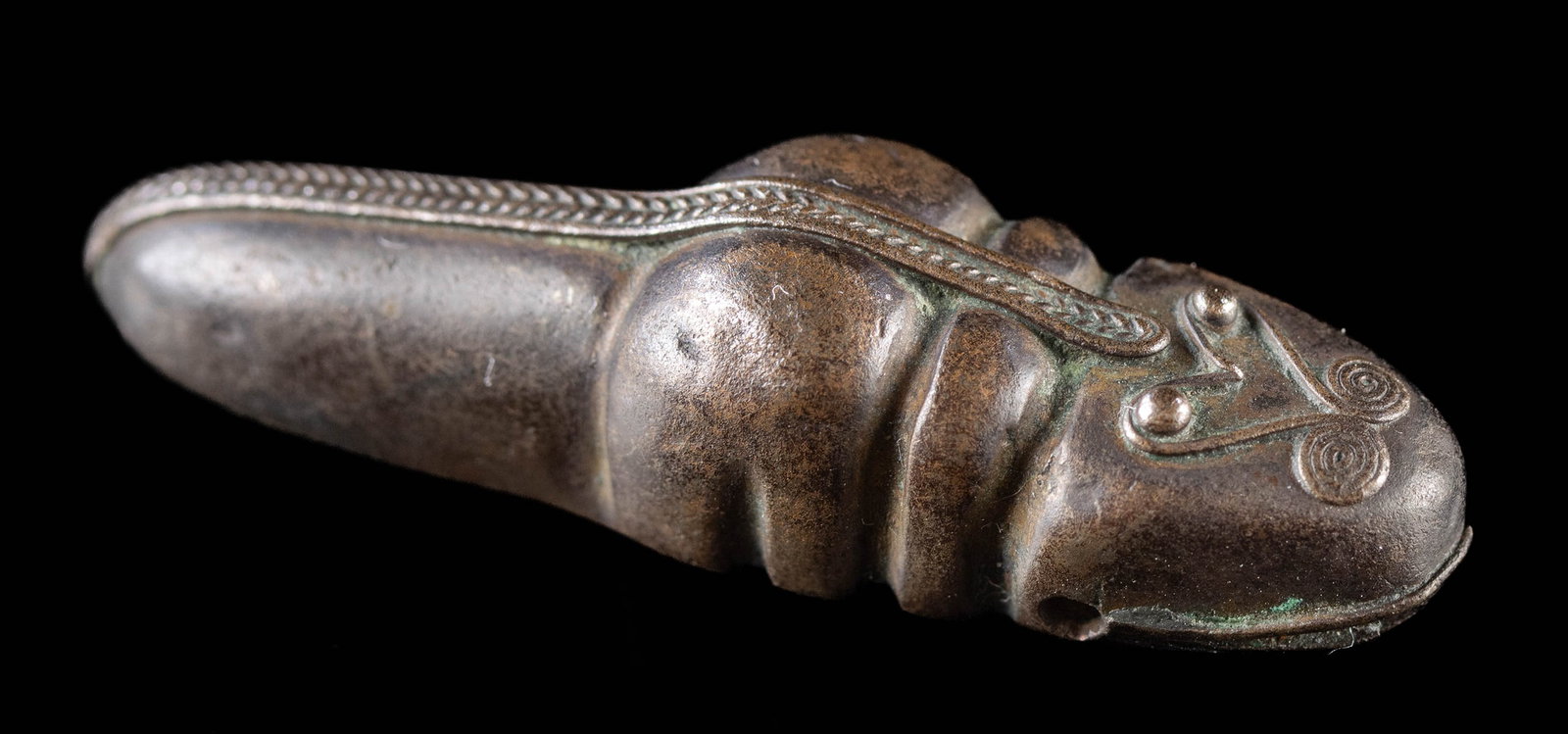 Colombian Tairona Copper Crocodile Pendant Bead: **Originally Listed At $200** Pre-Columbian, Colombia, Tairona, ca. 1000 to 1500 CE. A beautiful copper and gold bead in the form of a stylized crocodile / caiman or reptilian figure, with a pair of h