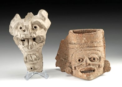 Zapotec Pottery Bat & Toltec Human Head Fragments